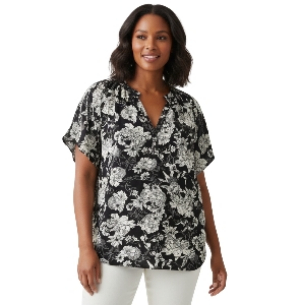 H&M Tan Grey Floral Blouse XL Flutter Sleeve Chic Boho Romantic Summer Top